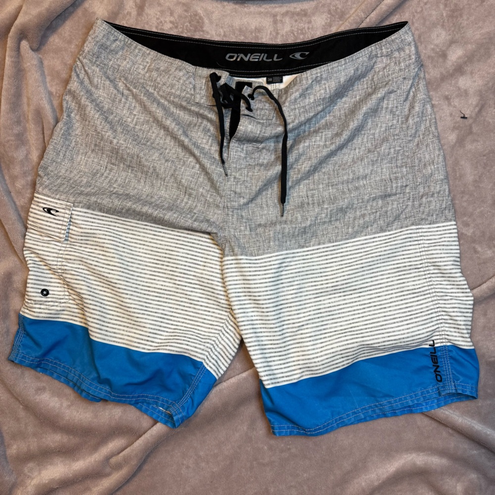 O’Neill board shorts 38” waist gray, blue, white 8” inseam no liner